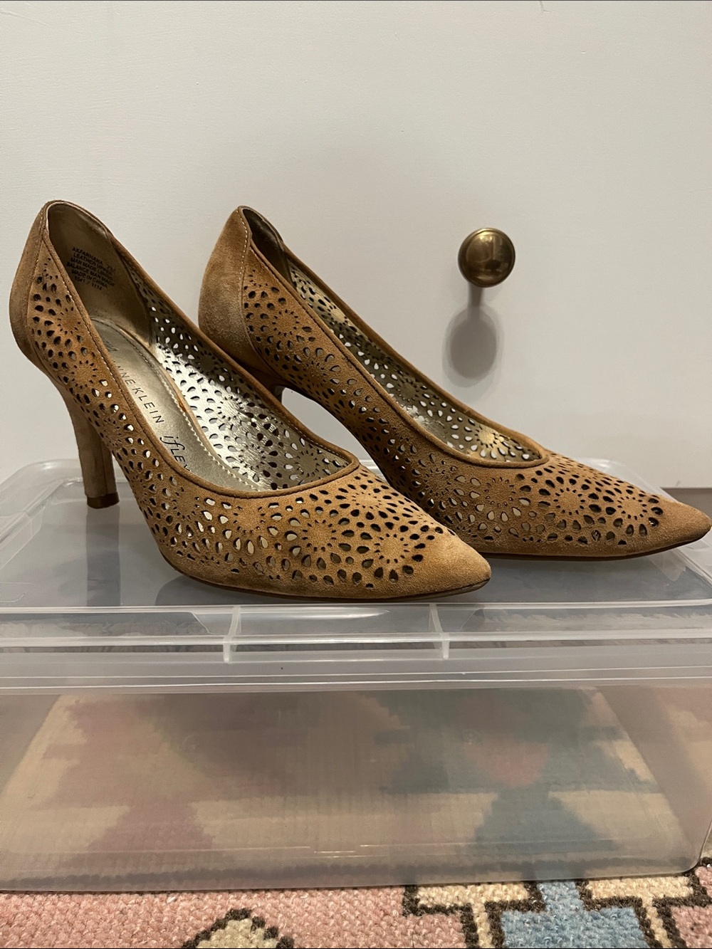 Anne Klein Tan Suede Perforated Pointed-Toe Heels